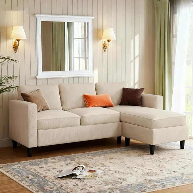 JAMFLY 3-Seat Convertible L-Shaped Sectional Sofa with Reversible Ottoman, Upholstered Fabric Couch for Small Living Rooms, Modern Modular Couch for Apartment, Studio & Loft, Beige