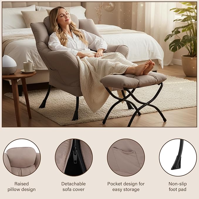 Welnow Lazy Chair with Ottoman, Modern Reading Accent Chair with Armrests and a Side Pocket, Leisure Upholstered Lazy Sofa Set with Footrest for Small Space, Khaki