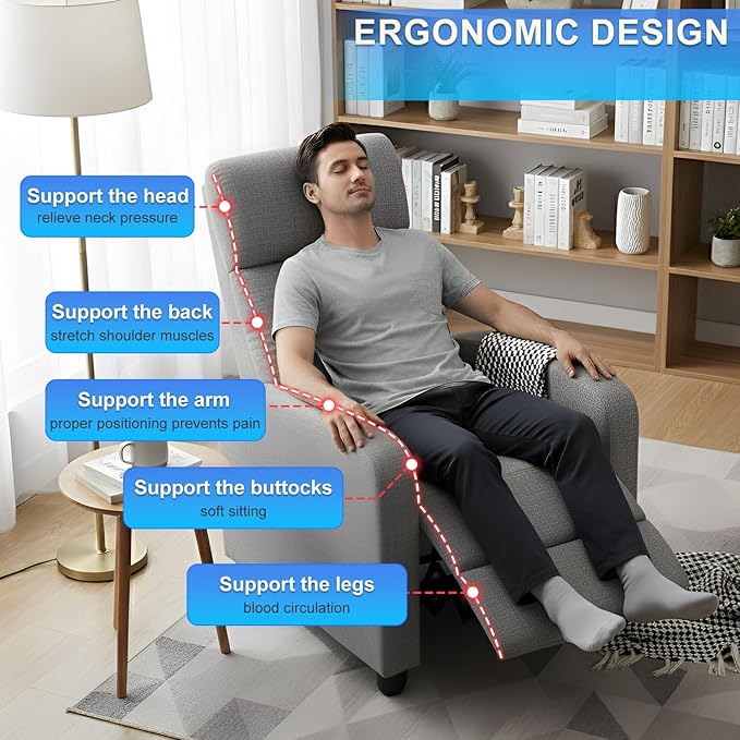 BestMassage | Recliner Chair | No Massage Function | Textile Grey | with Lumbar Support, Adjustable Push Back, Wide Armrests, Footrest & Padded Seat | Easy Assembly | for Living Room, Home Theatre