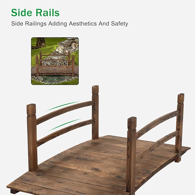 VINGLI 4 ft Garden Bridge, Arch Walkway Wooden Bridge with Safety Rails Carbonized Finished, Decorative Landscaping Footbridge for Koi Pond, Dry Creek Bed, Garden Pathway or Rustic Wedding Decor