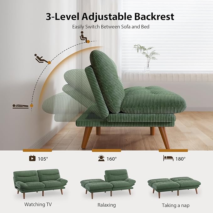 Pipishell Futon Sofa Bed, 66 Inch Corduroy Futon Couch Convertible with Adjustable Backrest and Armrests, Recliner Sleeper Sofa for Small Spaces, Living Room, Office, Guest Room (Green, 66 Inch)