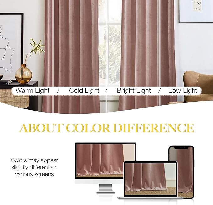 NICETOWN Dusty Pink Velvet Curtains 90 inches Long 2 Panels Set (52-inch Wide), Thermal Insulated Sound Reducing Blackout Curtains and Drapes for Film, Window Curtains for Large Door Windows