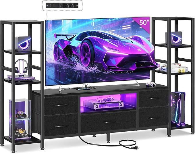 Casaottima TV Stands for 40/43/50 Inch TV, Entertainment Center with LED Lights & Power Outlets, TV Stand Living Room with 5 Fabric Drawers, TV Console Cabinet for Bedroom, Black