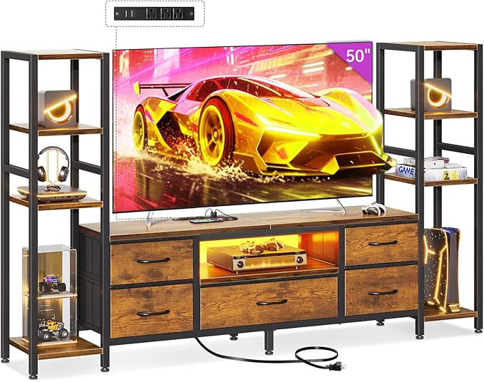 Casaottima TV Stands for 40/43/50 Inch TV, Entertainment Center with LED Lights & Power Outlets, TV Stand for Living Room with 5 Fabric Drawers, TV Console Cabinet, Rustic Brown