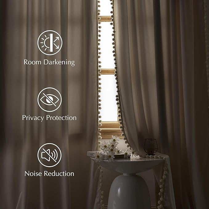 NICETOWN Ivory White Velvet Curtains 84" Long with Cute Pom-Pom Trim for Girls Bedroom & Playroom– Room Darkening Drapes Cheerful Home Decor, 52" W x 84" L, 2 Panels