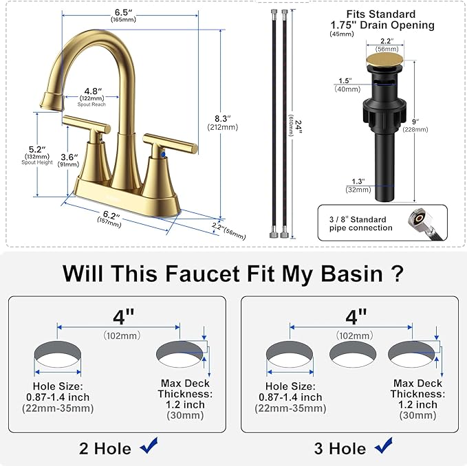 4 inch Brushed Gold Bathroom Sink Faucet with Pop-up Drain and 2 Supply Hoses, Stainless Steel Lead-Free 2-Handle Centerset Faucet for Bathroom Sink Vanity RV