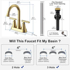 Bathroom Faucets for Sink 3 Hole, Hurran 4 inch Brushed Gold Bathroom Sink Faucet with Pop-up Drain and Supply Hoses, Stainless Steel Lead-Free Centerset Faucet for Vanity RV, 2 Pack