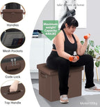 DocSafe Storage Ottoman Foot Rest Stool with Lock ＆ Handle, Fireproof Folding Leather Footstool Bench with Storage Safe for Living Room Bedroom, Home Office, Dorm, 17x13x13in, Brown