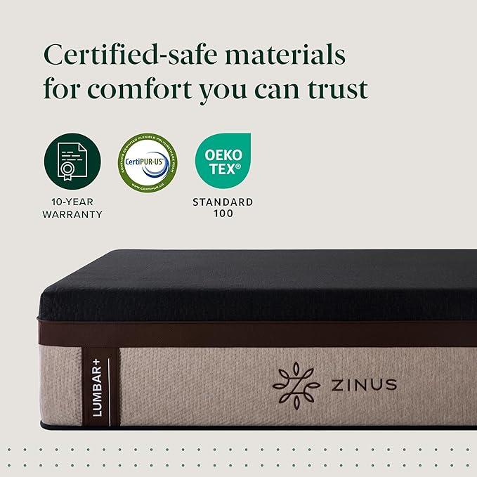 Zinus Lumbar+ Premium 14 Inch Memory Foam Mattress, Lumbar Support, Targeted Pressure Relief, Cooling Gel and Green Tea, Cool-to-The-Touch Cover, Medium Firm Feel, CertiPUR US Certified, Queen