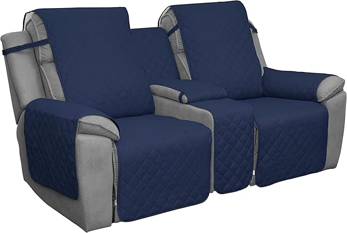 Easy-Going Loveseat Recliner Cover with Console, Reversible Couch Cover for Living Room, Split Sofa Cover for Each Seat with Elastic Straps for Kids, Dogs, Pets(2 Seater, Navy/Ivory)