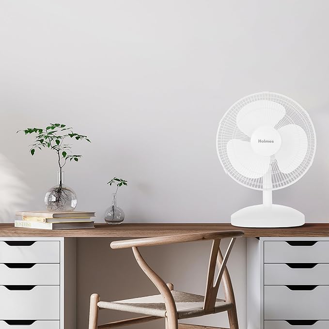Holmes 12 Inch Oscillating Table Fan 3 Speeds 75 Degree Wide Angle Oscillation 15 Degree Adjustable Head Tilt Quiet Cooling for Home Office Bedroom Manual Control White
