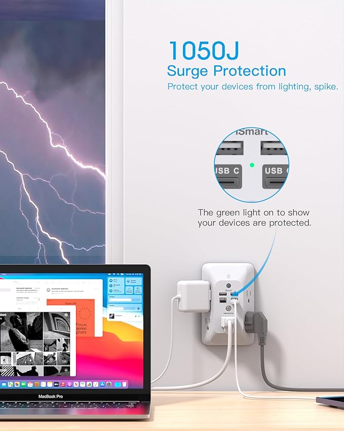 Multi Plug Outlet, HANYCONY Outlet Extender with 4 USB Ports (2 USB C) and Night Light, 1050J Surge Protector, Wall Mount, Outlet Splitter for Bathroom Kicthen Camper Dorm Room Essentials