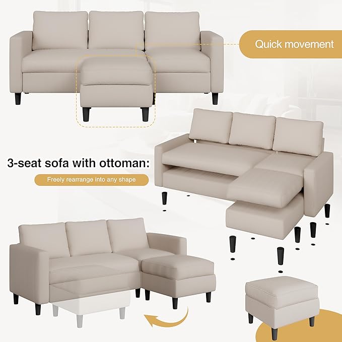 JAMFLY 3-Seat Convertible L-Shaped Sectional Sofa with Reversible Ottoman, Upholstered Fabric Couch for Small Living Rooms, Modern Modular Couch for Apartment, Studio & Loft, Beige