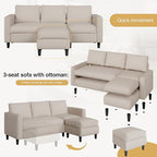 JAMFLY 3-Seat Convertible L-Shaped Sectional Sofa with Reversible Ottoman, Upholstered Fabric Couch for Small Living Rooms, Modern Modular Couch for Apartment, Studio & Loft, Beige
