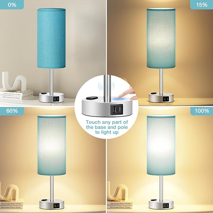 Fenmzee Turquoise Nightstand Table Lamp for Bedroom - 3 Way Dimmable Touch Lamp USB A and C Charging Ports and AC Outlet, Small Lamp for Office Desk with Metal Base, LED Bulb Included
