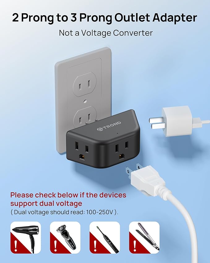 TROND 2 Prong to 3 Prong Outlet Extender, 3-Way Angled Plug Adapter with 3 AC Sockets, Wall Splitter for Non-Grounded Outlets in Old House, Cruise Ship Travel Essentials, Black