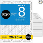 Simply 20x25x4 Air Filter, MERV 8, 6 Pack, Furnace Air Filter for HVAC (Actual Size:19.5"x24.5"x3.63") DUST, Pet, & Allergy Control