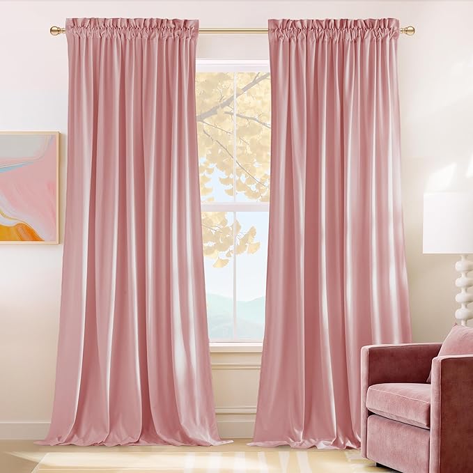 NICETOWN Pink Velvet Curtains 96 inch Length, Blush Pink Room Darkening Thermal Insulated Soft Luxury Light Blocking Panels for Kids, Rod Pocket Design W52 x L96, 2 Panels