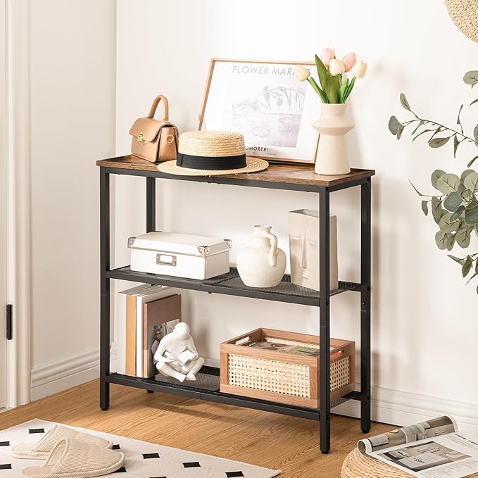 HOOBRO 29.5" Narrow Console Table, 3-Tier Entryway Table, Thin Sofa Table with Shelves, Side Table, Display Table, for Hallway, Entrance, Living Room, Bedroom, Rustic Brown and Black BF73XG01