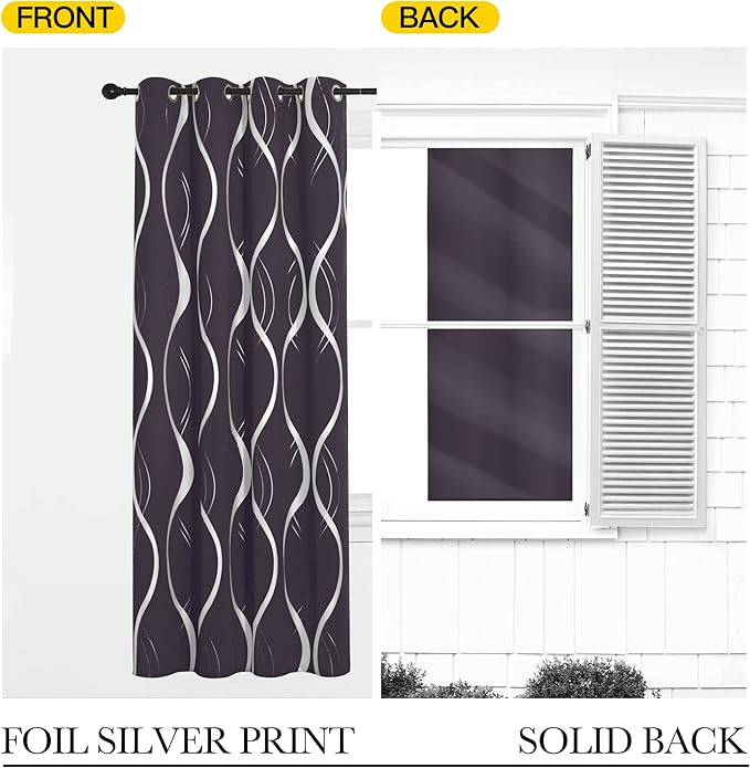 NICETOWN Blackout Curtains Panels for Living Room, Greyish Purple, 52" Wide x 84" Long, 2 Panels, Sound Reducing Thermal Insulated Wave Line Foil Print Design Curtains for Patio Sliding Glass Door