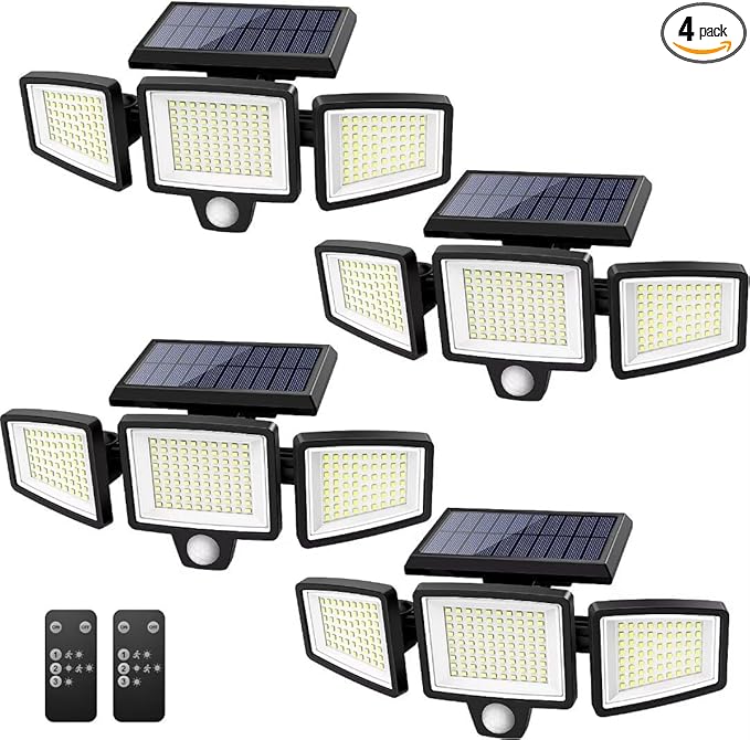 Tuffenough Solar Outdoor Lights 2500LM 210 LED Security Lights with Remote Control,3 Heads Motion Sensor Lights, IP65 Waterproof,270° Wide Angle Flood Wall Lights with 3 Modes(4 Pack)