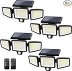 Tuffenough Solar Outdoor Lights 2500LM 210 LED Security Lights with Remote Control,3 Heads Motion Sensor Lights, IP65 Waterproof,270° Wide Angle Flood Wall Lights with 3 Modes(4 Pack)