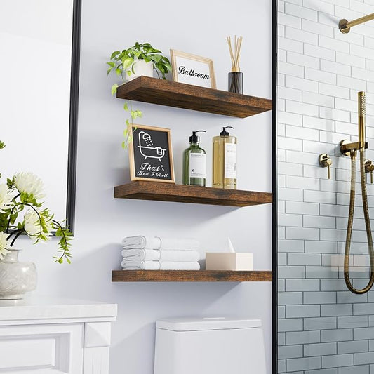 BAYKA Floating Shelves Bathroom for Wall – Shelf Over Toilet Farmhouse Rustic Wood for Bedroom, Kitchen, or Living Room Decor Organization, Christmas Decor Shelves – Rustic Brown, Set of 3
