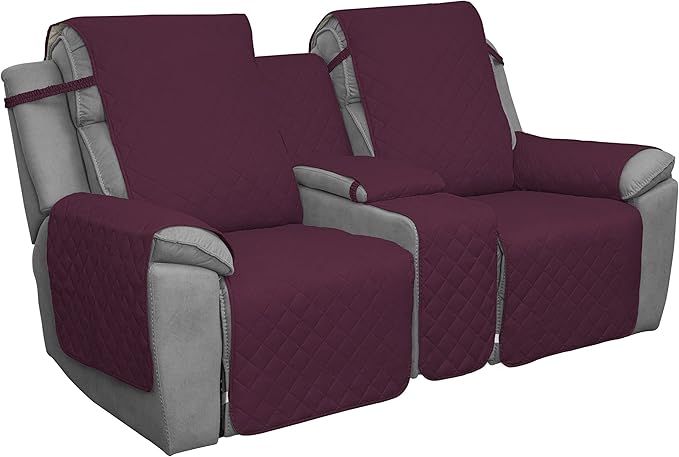 Easy-Going Loveseat Recliner Cover with Console, Reversible Couch Cover for Living Room, Split Sofa Cover for Each Seat with Elastic Straps for Kids, Dogs, Pets(2 Seater, Wine/Beige)