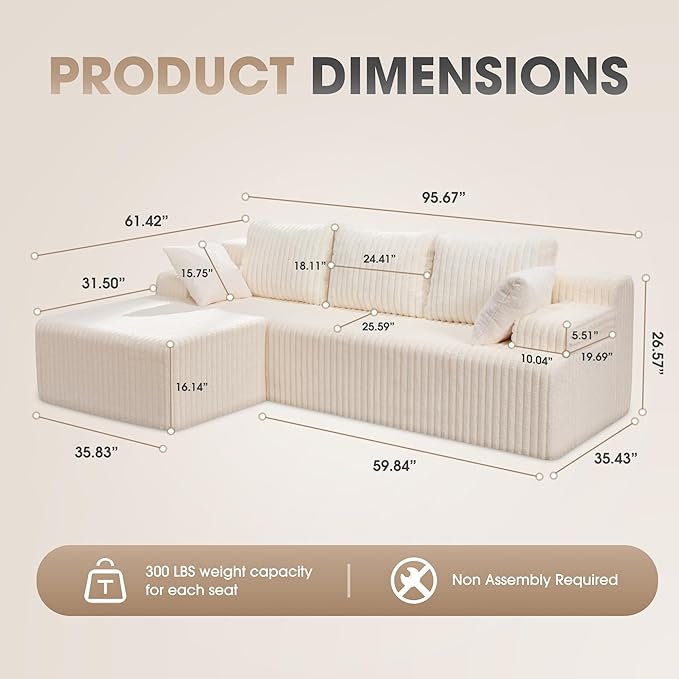 Modular Sectional Sofa Couches L-Shape Couch 3 Seat Modular Sofa Memory Foam Sectional Couches for Living Room, Cloud Couch with Oversized Chaise (White Stripe, 96" Left Facing Chaise)