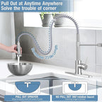 DJS Kitchen Faucets with Pull Down Sprayer Brushed Nickel -Single Handle 1 or 3 Holes Spring Kitchen Sink Faucet with Deck Plate for Farmhouse RV Vessel Basin