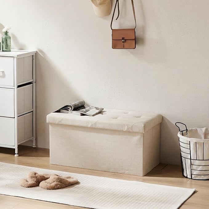 DUMOS 30in Foldable Storage Ottoman Bench, Foot Rest Stool Load 350Lbs,Storage Chest with Padded Seat, End of Bed Bedroom Bench for Living Room,Bedroom, Beige