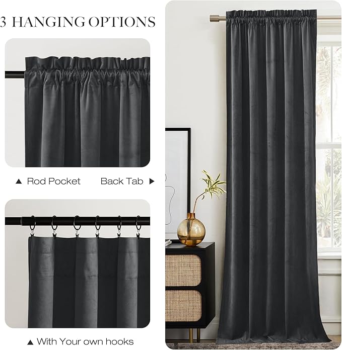 NICETOWN Grey Luxury Velvet Curtain Panels 96 inches Long 2 Panels, Home Decoration Blackout Window Treatments for Living Room/Bedroom/Home Theatre, 52 x 96