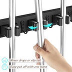 2 Pack Black Mop Broom Holder Wall Mount - Wood Broom Mop Hanger - Wall Mounted Garden Tool Rack Organizer for Closet Garage Laundry Room, 4 Slots & 4 Hooks
