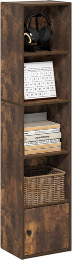 Furinno LUDER Book Shelf, 5-Tier Bookshelf with Open Shelf, Standing Bookcase with 1 Door Cabinet, 9.3 x 12 x 52, for Organization and Storage, for Living Room, Bedroom, Home Office, Amber Pine
