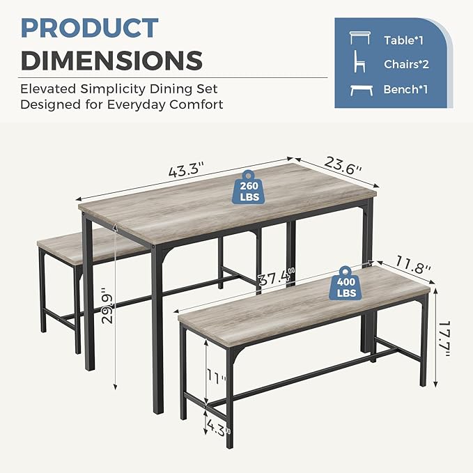 DUMOS Dining Table, Dining Table Set for 4 with Bench, Easy to Assemble Kitchen Table, Space-Saving Ideal 4-Person Set for Dining Room Kitchen Apartment Corner Grey 3 Pack