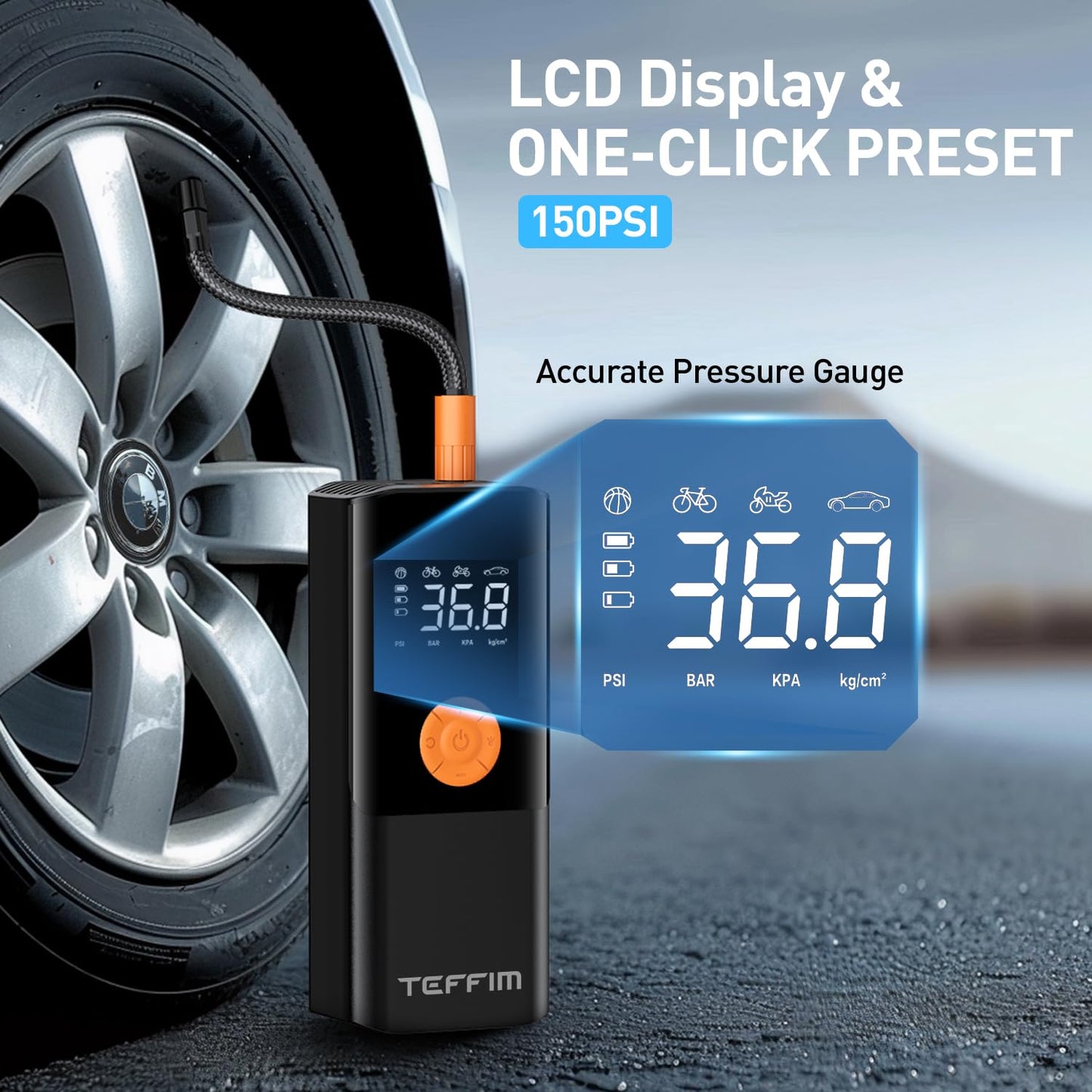 Portable Tire Inflator - 150PSI, 20000mAh, 12V Air Compressor for Car, Bike & More
