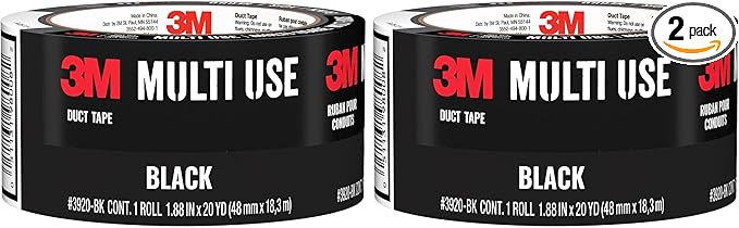 3M Multi-Use Colored Duct Tape, Black with Strong Adhesive and Water-Resistant Backing, Multi-Surface Duct Tape for Indoor and Outdoor Use, 1.88 Inches x 20 Yards, 1 Roll (Pack of 2)