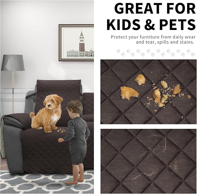 Easy-Going Recliner Sofa Cover with Console, Reversible Couch Cover for Living Room, Split Sofa Cover for Each Seat with Elastic Straps for Dogs, Pets (3 Seater, Chocolate/Beige)