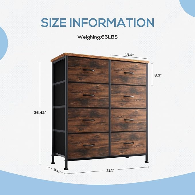 Dresser for Bedroom with 8 Drawers, Anti-Tip Tall Fabric Chests Storage Organizer Tower Furniture with Wooden Top Metal Frame for Clothes, Closet, Living Room, Hallway, Entryway