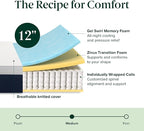 Zinus 12 Inch Queen Cooling Comfort Hybrid Mattress [New Version], Fiberglass Free, Medium Firm Feel, Motion Isolation, Certified Safe Foams & Fabric