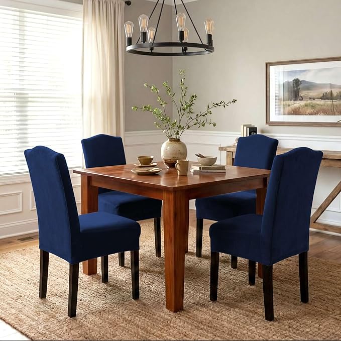 H.VERSAILTEX Velvet Dining Chair Covers Stretch Chair Covers for Dining Room Set of 2 Parson Chair Slipcovers Chair Protectors Covers Dining, Soft Thick Solid Velvet Fabric Washable, Navy