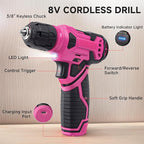 Tool Set - Tool Kit with 8V Cordless Drill, 132 Piece Tool Box with Drill, Home Tool Kits for Women & Men, Hand Drill Set Perfect for Homeowner, Diyer, Handyman - Pink