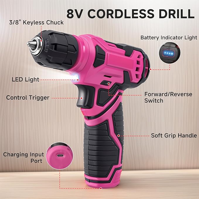 Tool Set - Tool Kit with 8V Cordless Drill, 132 Piece Tool Box with Drill, Home Tool Kits for Women & Men, Hand Drill Set Perfect for Homeowner, Diyer, Handyman - Pink