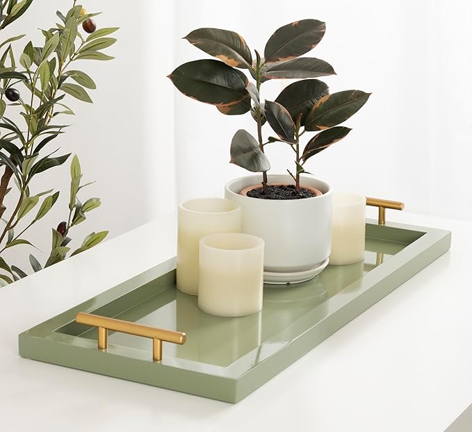 Kate and Laurel Halsey Rectangle Decorative Narrow Tray with Gold Metal Handles; 24 x 10; Green and Gold; Modern Glam Slim Serving Tray with Handles for Living Room Decor