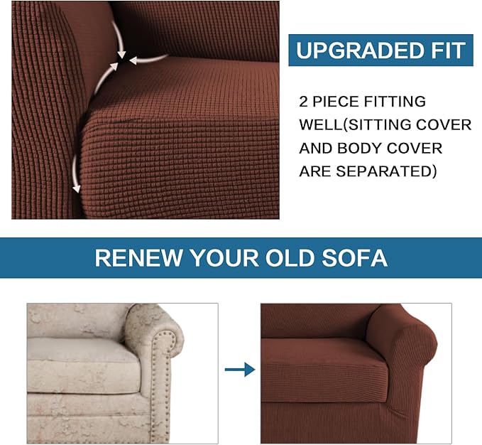 H.VERSAILTEX 2 Piece Couch Cover Stretch Stylish Chair Cover Furniture Cover/Protector Featuring Jacquard Textured Twill Fabric, High Spandex Slipcover Machine Washable (Chair, Burnt Brick)