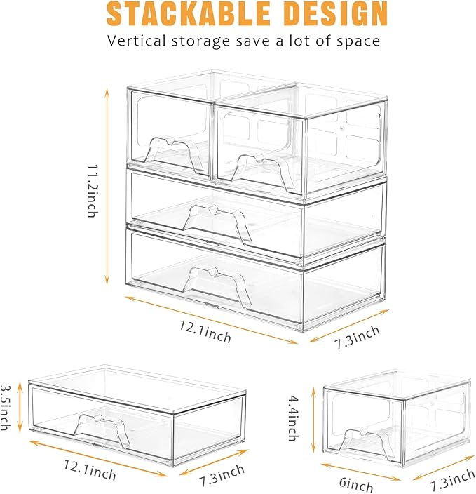 6 Pack Stackable Storage Drawers Clear Acrylic Organizer Makeup Bathroom Organizer and Storage Bins for Beauty Supplies,Ideal for Vanity, Bathroom,Pantry Organization