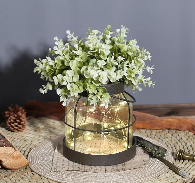 Vintage Glass Farmhouse Vase - Handmade Rustic Lantern Planter with Bonus Artificial Flowers & LED Lights (Home Decor Centerpiece), Farmhouse Wedding/Christmas Decor, Housewarming Gift
