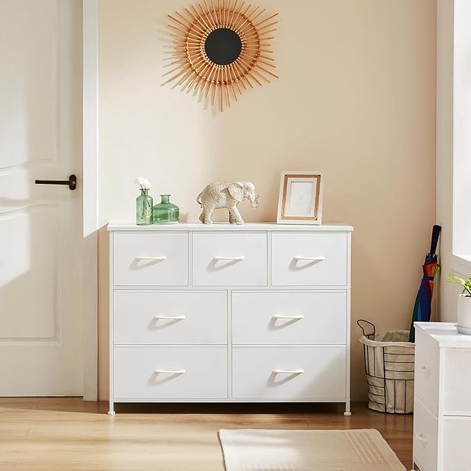 Dresser for Bedroom with 7 Drawers, Anti-Tip Wide Fabric Chests Storage Organizer Tower Furniture, TV Stand for TV up to 45 inch with Wooden Top Metal Frame for Clothes, Living Room, Hallway, Entryway