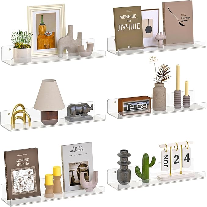 6 Pack Floating Shelves for Wall, 15" Clear Book Shelf, Acrylic Floating Wall Shelf, Display Shelves Organizer for Bathroom, Classroom, Bedroom, Living Room, Kitchen, Room Decor