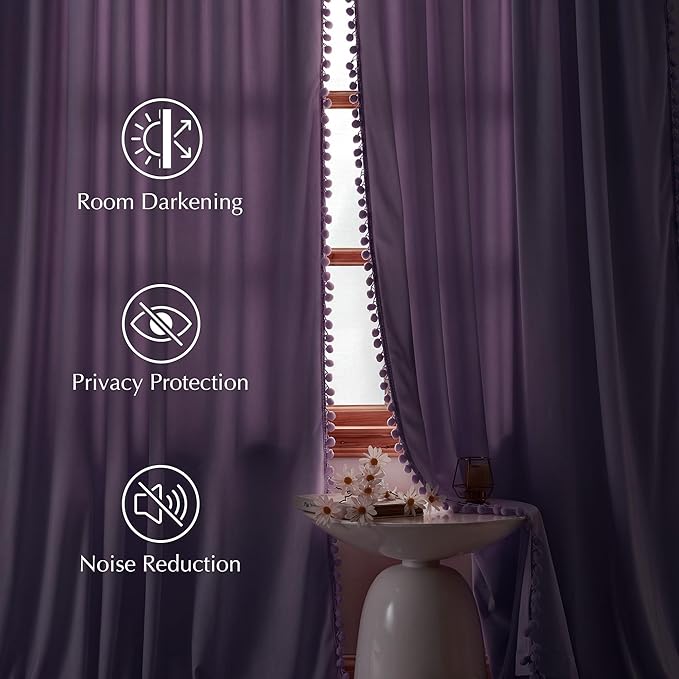 NICETOWN Lilac Purple Velvet Curtains 96 Inch Length (2 Panels) – Pom Pom Room Darkening Drapes for Nursery & Kids Room, Thermal Insulated Soft Window Treatments Whimsical Charm Decor